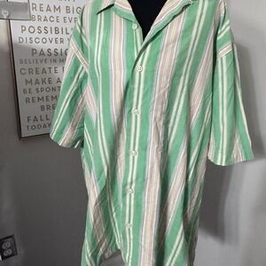 Ralph Lauren Green White Tan Striped Short-Sleeve Button-Down Shirt
